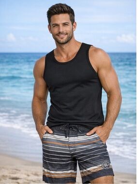 Hawke & Co Black, Gray and Orange Striped Men's Swim Board Shorts